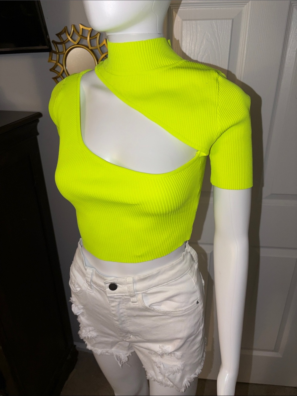 Neon Lime Asymmetrical Cutout Ribbed Crop Top - Women